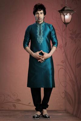 Aqua Blue Embroidered Tuffeta Mens Kurta Pajama 1