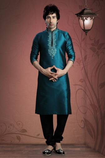 Aqua Blue Embroidered Tuffeta Mens Kurta Pajama
