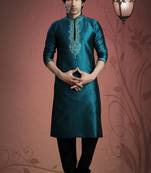 Aqua Blue Embroidered Tuffeta Mens Kurta Pajama