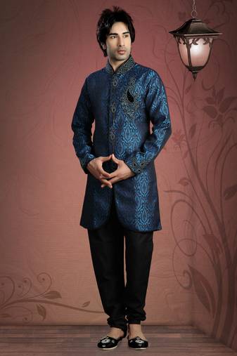Blue  Embroidered Jacquard Mens Kurta Pajama