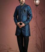 Blue  Embroidered Jacquard Mens Kurta Pajama