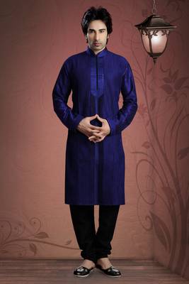Royal Blue Embroidered Art Dupion Silk Mens Kurta Pajama 1