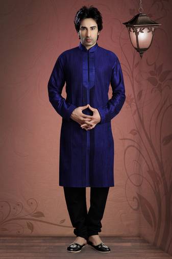 Royal Blue Embroidered Art Dupion Silk Mens Kurta Pajama