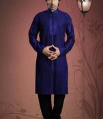 Royal Blue Embroidered Art Dupion Silk Mens Kurta Pajama