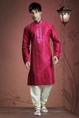 Dark Pink Embroidered Art Dupion Silk Mens Kurta Pajama 1