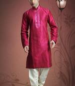 Dark Pink Embroidered Art Dupion Silk Mens Kurta Pajama