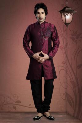 Dark Marron Embroidered Jacquard Mens Kurta Pajama 1