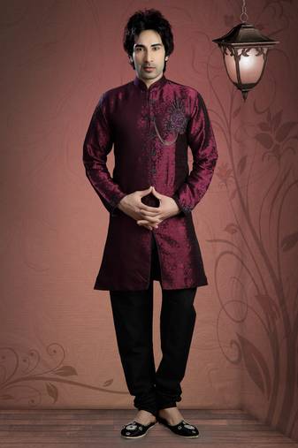 Dark Marron Embroidered Jacquard Mens Kurta Pajama