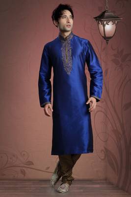 Royal Blue Embroidered Tuffeta Mens Kurta Pajama 1