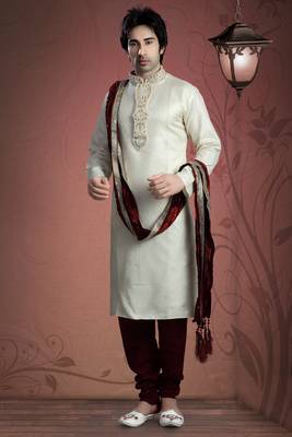 Cream Embroidered Jacquard Mens Kurta Pajama 1