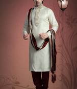 Cream Embroidered Jacquard Mens Kurta Pajama