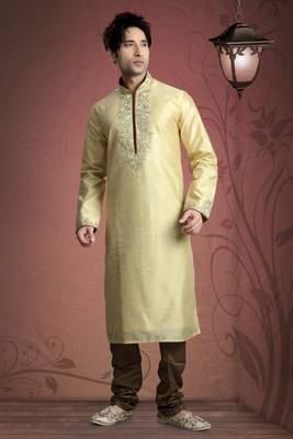 Gold Embroidered Art Dupion Silk Mens Kurta Pajama 1