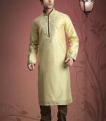 Gold Embroidered Art Dupion Silk Mens Kurta Pajama