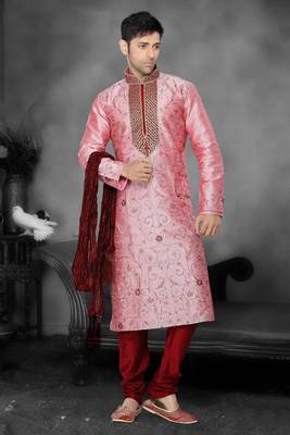 Pink Embroidered Art Dupion Silk Mens Kurta Pajama 1