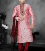 Pink Embroidered Art Dupion Silk Mens Kurta Pajama