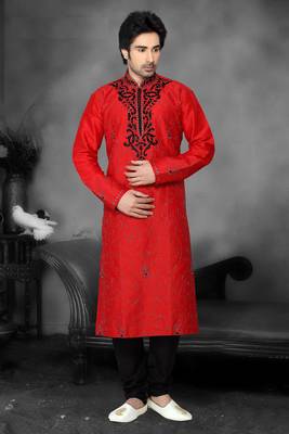 Reddish Maroon Embroidered Art Dupion Silk Mens Kurta Pajama 1