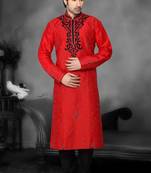 Reddish Maroon Embroidered Art Dupion Silk Mens Kurta Pajama