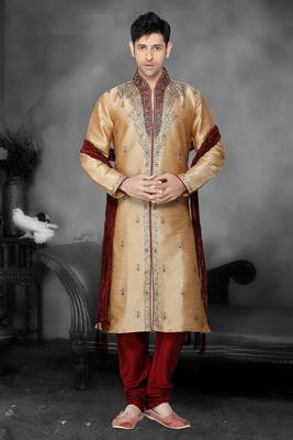 Brown Embroidered Art Dupion Silk Mens Kurta Pajama 1