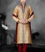 Brown Embroidered Art Dupion Silk Mens Kurta Pajama