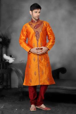 Mustard Embroidered Art Dupion Silk Mens Kurta Pajama 1