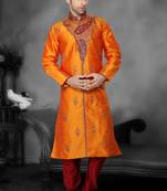 Mustard Embroidered Art Dupion Silk Mens Kurta Pajama