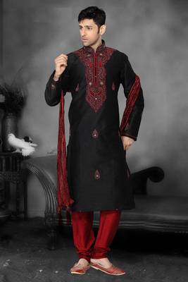 Black Embroidered Art Dupion Silk Mens Kurta Pajama 1