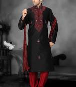 Black Embroidered Art Dupion Silk Mens Kurta Pajama