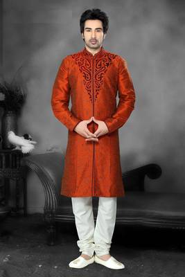Rust Embroidered Art Dupion Silk Mens Kurta Pajama 1