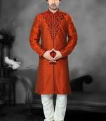 Rust Embroidered Art Dupion Silk Mens Kurta Pajama
