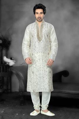 Lemon Embroidered Art Dupion Silk Mens Kurta Pajama 1