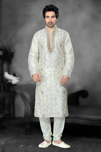 Lemon Embroidered Art Dupion Silk Mens Kurta Pajama