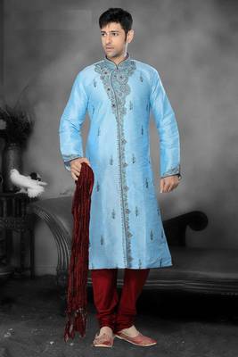 Sky Blue  Embroidered Art Dupion Silk Mens Kurta Pajama 1