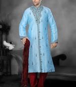Sky Blue  Embroidered Art Dupion Silk Mens Kurta Pajama