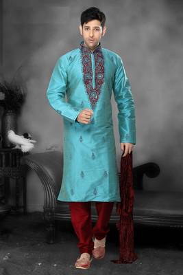 Sea Green Embroidered Art Dupion Silk Mens Kurta Pajama 1