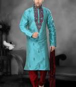 Sea Green Embroidered Art Dupion Silk Mens Kurta Pajama