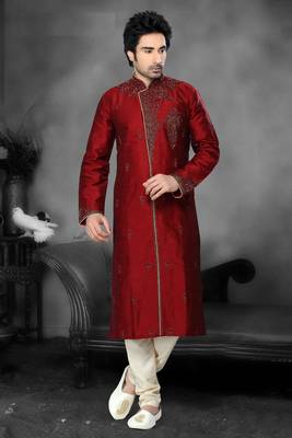 Maroon Embroidered Art Dupion Silk Mens Kurta Pajama 1