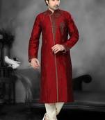 Maroon Embroidered Art Dupion Silk Mens Kurta Pajama