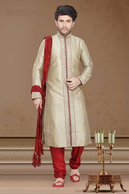 Dark Gold Embroidered Art Silk Mens Kurta Pajama 1