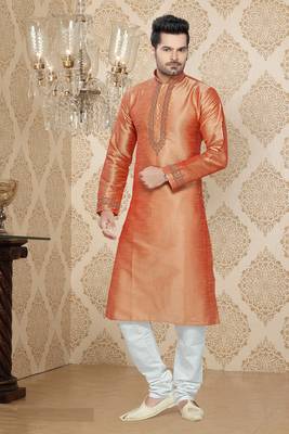 Rust Embroidered Art Silk Mens Kurta Pajama 1