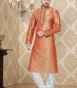 Rust Embroidered Art Silk Mens Kurta Pajama
