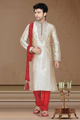 Gold Embroidered Art Silk Mens Kurta Pajama 1
