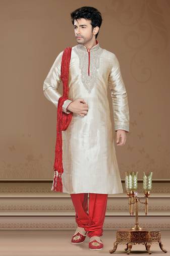 Gold Embroidered Art Silk Mens Kurta Pajama