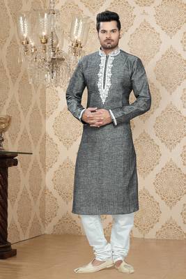 Grey Embroidered Linen Mens Kurta Pajama 1