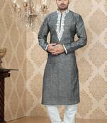 Grey Embroidered Linen Mens Kurta Pajama