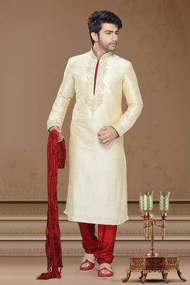 Gold Embroidered Art Silk Mens Kurta Pajama 1