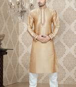 Dark Gold Embroidered Art Silk Mens Kurta Pajama