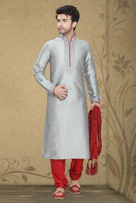Grey Embroidered Art Silk Mens Kurta Pajama 1