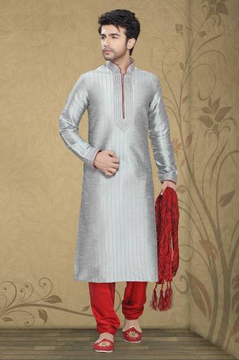 Grey Embroidered Art Silk Mens Kurta Pajama