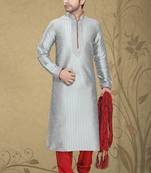 Grey Embroidered Art Silk Mens Kurta Pajama