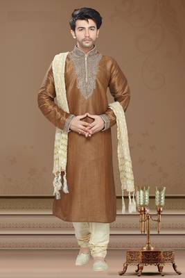 Coffee Brown Embroidered Art Silk Mens Kurta Pajama 1